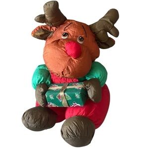 Vintage 90s Stuffed Animal Nylon Puffy Red Nose Reindeer Toy Rudolph TL Toys